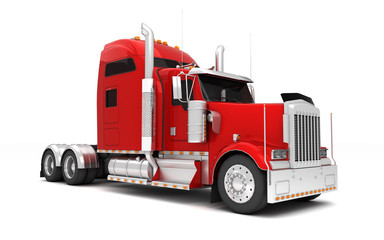 Logistics concept. American red Freightliner cargo truck without a container moving from left to right isolated on white background. Front perspective view. 3D illustration