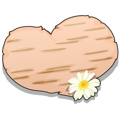 Heart cut out of birch bark decorated with the clover flower isolated on white background. Vector cartoon close-up illustration.