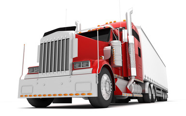 Logistics concept. American red Freightliner cargo truck with container moving from right to left isolated on white background. Perspective. front side view. Bottom view. 3D illustration