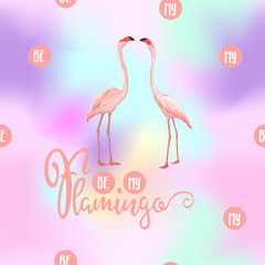 Seamless pattern, background. with pink flamingos and feathers on In light ultra violet pastel colors on mesh pink, blue background. Stock vector illustration.