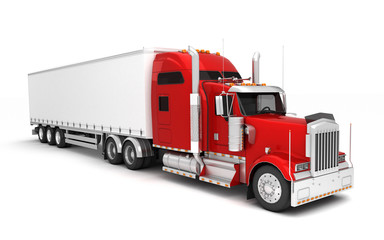 Logistics concept. American red Freightliner cargo truck with container moving left to right isolated on white background. Perspective. front side view. High angle view. 3D illustration
