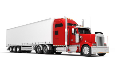 Logistics concept. American red Freightliner cargo truck with container moving left to right isolated on white background. Perspective. front side view. 3D illustration