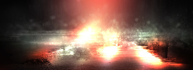 Empty scene of a show with lanterns and concrete floor, blue abstract background with bokeh, lights, rays. Wet asphalt with reflection of lights, rain. Blurred Background