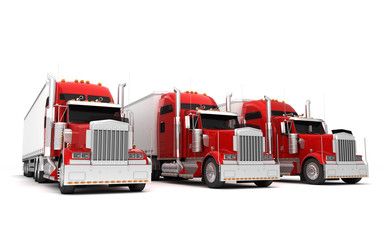 Logistics concept. Group of three red american Freightliner cargo trucks with containers stand in a row from left to right isolated on white background. Perspective. front view. 3D illustration