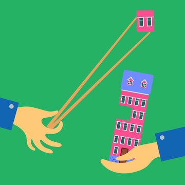 Vector real estate market concept. Hands holding sticks for sushi with a piece of housing from a multi-storey building