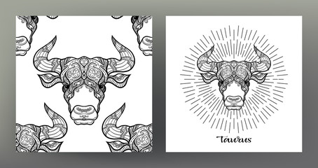 Taurus, bull,. Set of Zodiac sign illustration on the sacred geometry symbol pattern and  seamless pattern with this sign. Black-and-white graphics. Stock vector illustration.