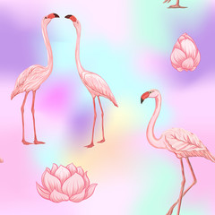 Seamless pattern, background. with pink flamingos and feathers on In light ultra violet pastel colors on mesh pink, blue background. Stock vector illustration.