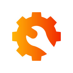 Fototapeta premium Icono plano engranaje con llave ladeada espacio negativo en color naranja