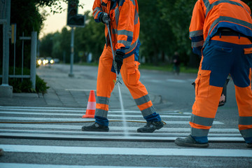 Naklejka premium Traffic line painting. Workers are painting white street lines on pedestrian crossing. Road cones with orange and white stripes in background, standing on asphalt during road construction works