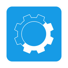 Icono plano engranaje mitad lineal en cuadrado azul