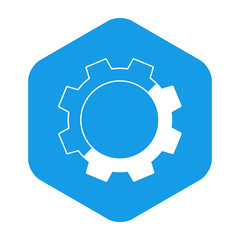Icono plano engranaje mitad lineal en hexagono azul