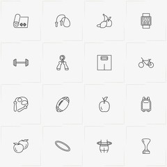 Fitness line icon set with trophy, sport watch and apple