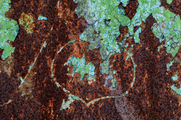 Multicolored background. Rusty metal surface with paint flaking and cracking texture
