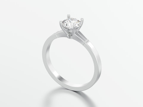 3D illustration white gold or silver traditional solitaire engagement diamond ring