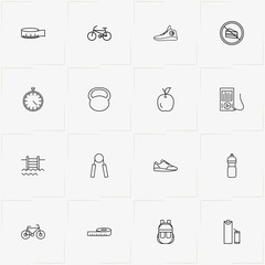 Fitness line icon set with fresh juice, music player and backpack