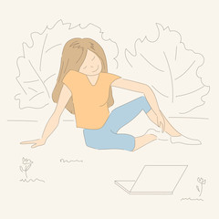 The girl is sitting in the meadow and reading. Hand drawing doodle art