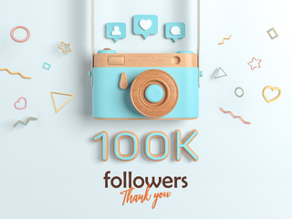 Obraz premium 100k or 100000 followers thank you, Blue Retro Photo Camera and multicolor Figures. 3D Illustration for Social Network friends, followers, Web user Thank you celebrate of subscribers.