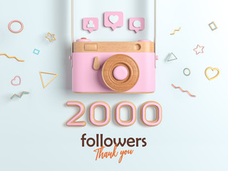 2k or 2000 followers thank you, Pink Retro Photo Camera and multicolor Figures. 3D Illustration for Social Network friends, followers, Web user Thank you celebrate of subscribers.