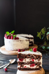 Portion of layered creamy fruit cake with in close up view. Raspberry cake with chocolate. Chocolate cake. Mint decoration. Cheesecakeon wooden table and dark background. Still life of food.