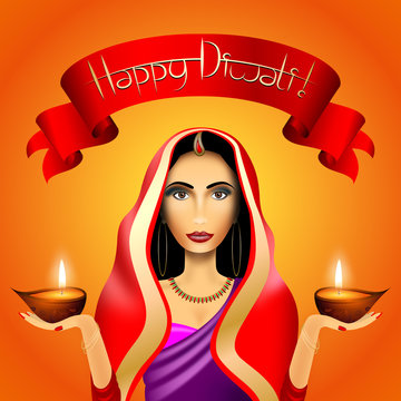 Happy Diwali card, indian woman wearing saree, candles