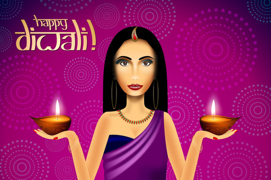 Happy Diwali card, indian woman wearing saree, candles