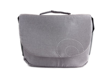 Bag for a baby stroller. Gray fabric bag on a white background.