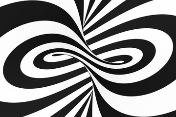 Black and white spiral tunnel. Striped twisted hypnotic optical illusion. Abstract background.