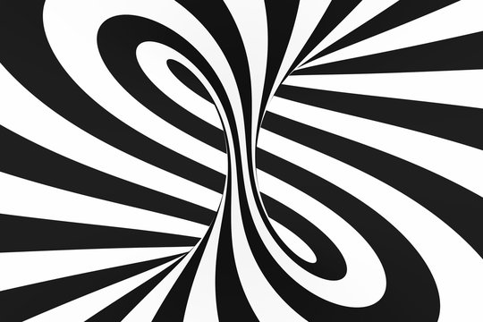 Black and white spiral tunnel. Striped twisted hypnotic optical illusion. Abstract background.