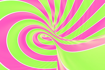 Christmas festive pink and green spiral tunnel. Striped twisted lollipop optical illusion. Abstract background.