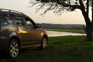 car sunset lake tree