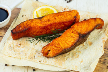 Grilled salmon steak