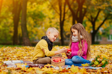 children play in autumn in the Park, children in yellow leaves, a boy and a girl in nature