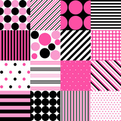 Seamless patterns for baby girl shower party. Set of cute pink backgrounds for invitation templates, scrapbook, cards.