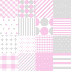 Seamless patterns for baby girl shower party. Set of cute pink backgrounds for invitation templates, scrapbook, cards.