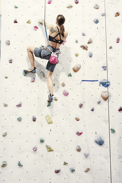 Woman with perfect fit body training on a climbing wall in sport hall, doing exercise, workout