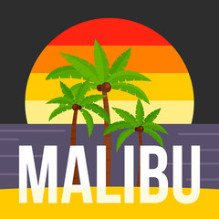 Sunset palm tree malibu beach background. Flat illustration of sunset palm tree malibu beach vector background for web design