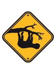 achtung vorsicht warnung schild hinweis baum ast kopf &uuml;ber faultier entspannen m&uuml;de chillen h&auml;ngen schlafen faul gem&uuml;tlich langsam lahm tier s&uuml;&szlig; niedlich comic cartoon clipart