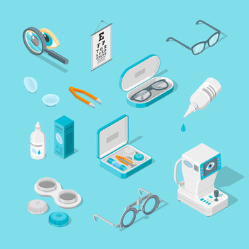 Eye care and health, vector 3d isometric icons set. Contact lenses, glasses, ophthalmology equipment illustration.