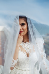 Fototapeta na wymiar A beautiful bride under a veil.She in a white wedding dress enjoying the moment on the background of the ocean. Wonderful mood, beautiful waves. wedding concept.
