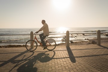 Senior man riding bicycle at promenade