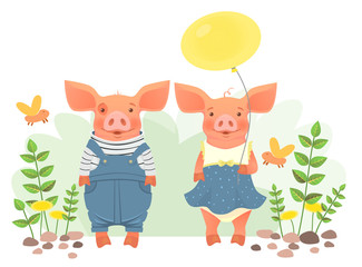 two pigs holding balloon