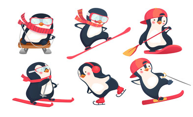 Naklejka premium Active penguins in winter and summer set