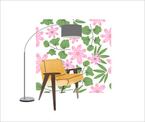 watercolor armchair and lamp. hand drawn chair. vector furniture illustration. mid century modern interior design. 