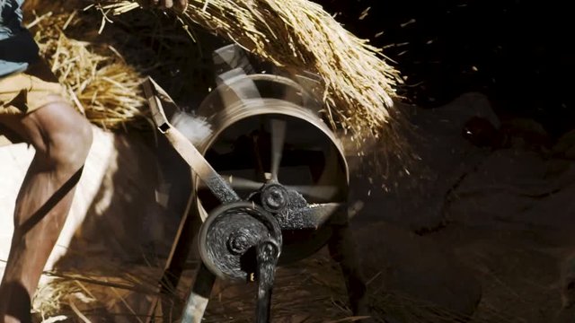 African farmer is threshing rice with a machine. slow motion
