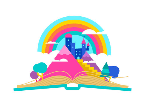 Open book with magic fairy tale castle concept