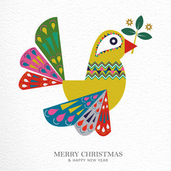 Christmas and New Year folk art bird greeting card