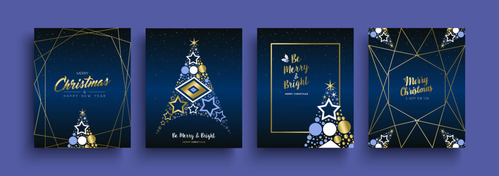 Christmas And New Year Gold Holiday Icon Card Set