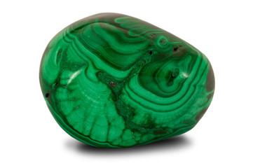 Polished green malachite stone isolated on white background