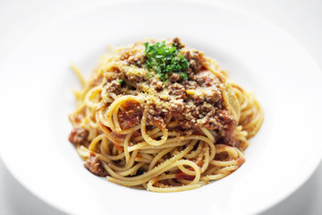spaghetti pasta bolognaise with beef and tomato parmesan sauce