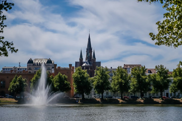 Pond and fountain in Schwerin Germany